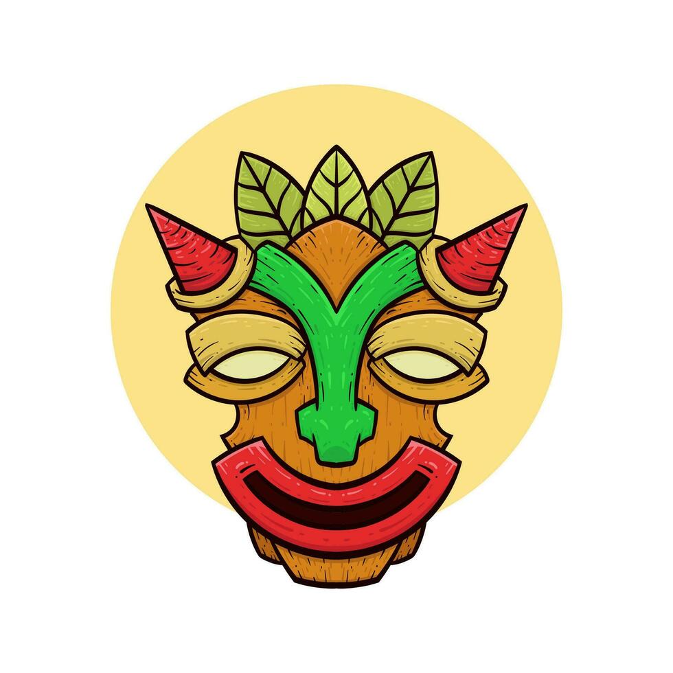 Tribal tiki masks Hawaiian totem culture vector wooden colored illustrations