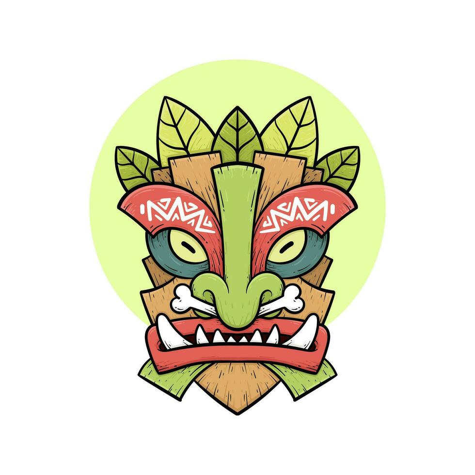 Tribal tiki masks Hawaiian totem culture vector wooden colored illustrations
