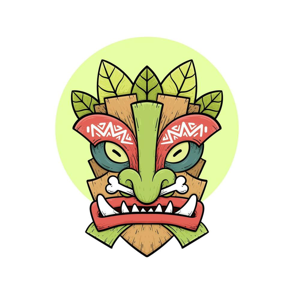 Tribal tiki masks Hawaiian totem culture vector wooden colored illustrations