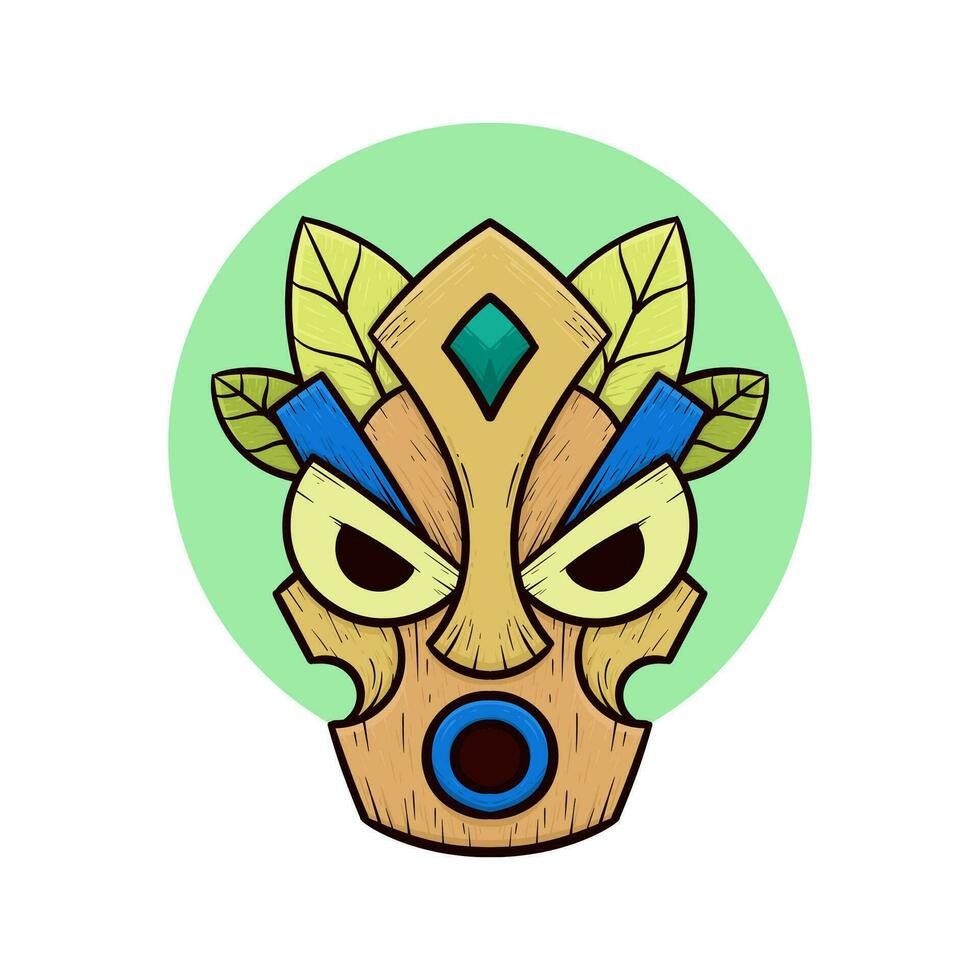 Tribal tiki masks Hawaiian totem culture vector wooden colored illustrations