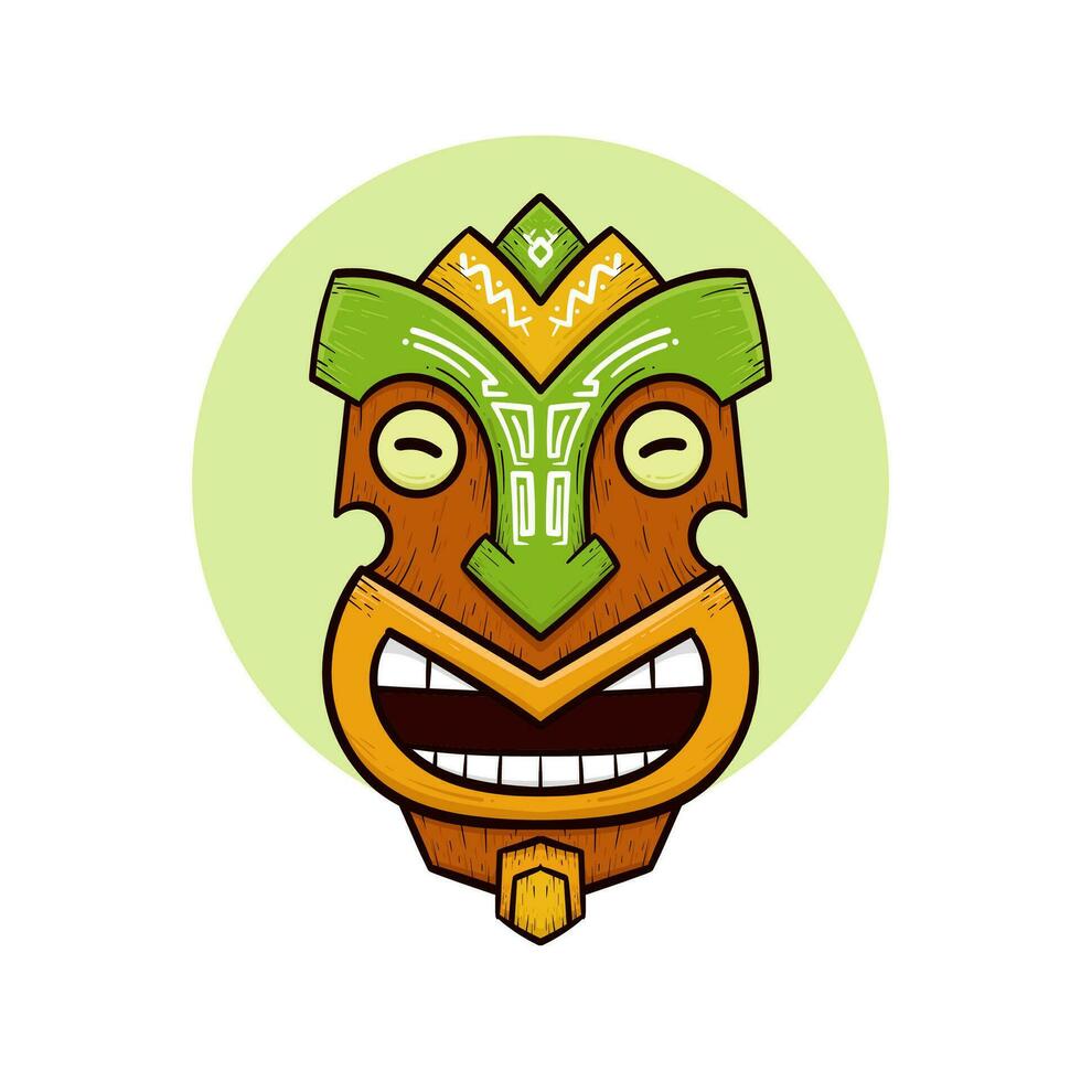 Tribal tiki masks Hawaiian totem culture vector wooden colored illustrations