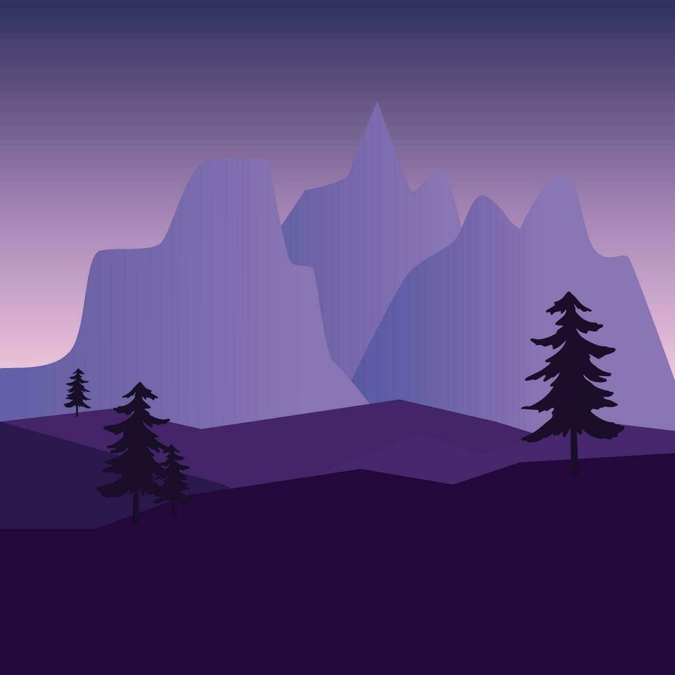 montaña amanecer paisaje silueta ilustración con pino árbol vector