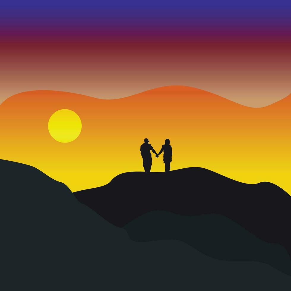 Romantic Couple on Sunset Vector Background Illustration
