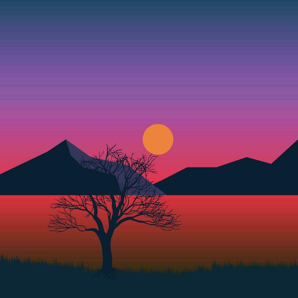 montaña amanecer y puesta de sol vector ilustración con invierno árbol