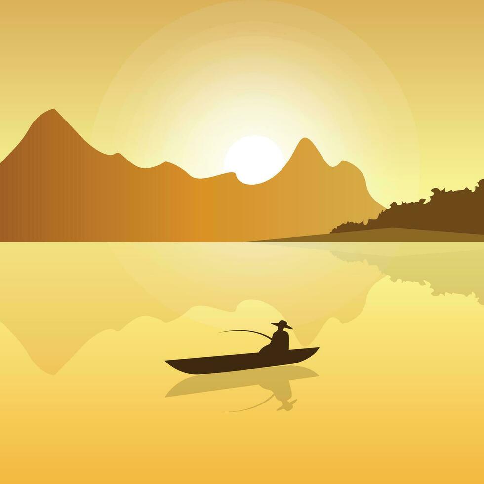 puesta de sol árbol montaña con mar y barco vector ilustración antecedentes