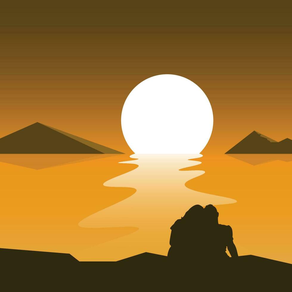 Romantic Couple on Sunset Vector Background Illustration