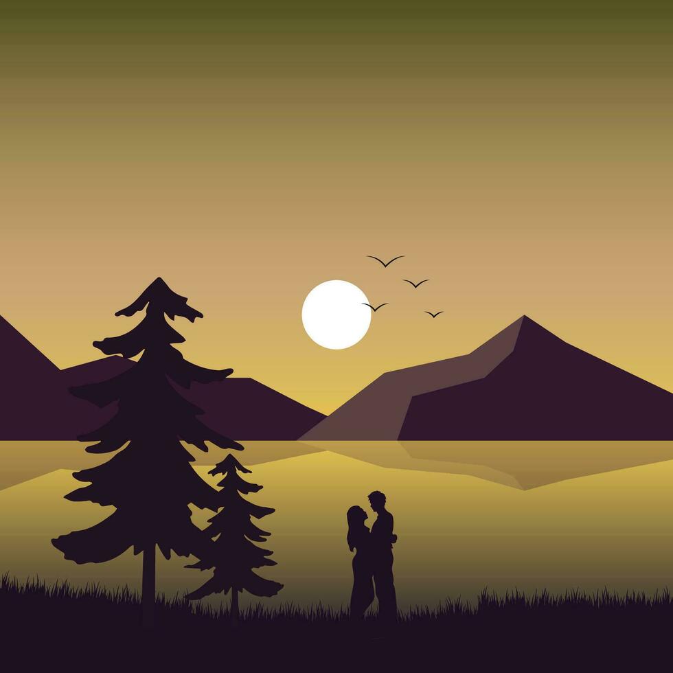 Romantic Couple on Sunset Vector Background Illustration