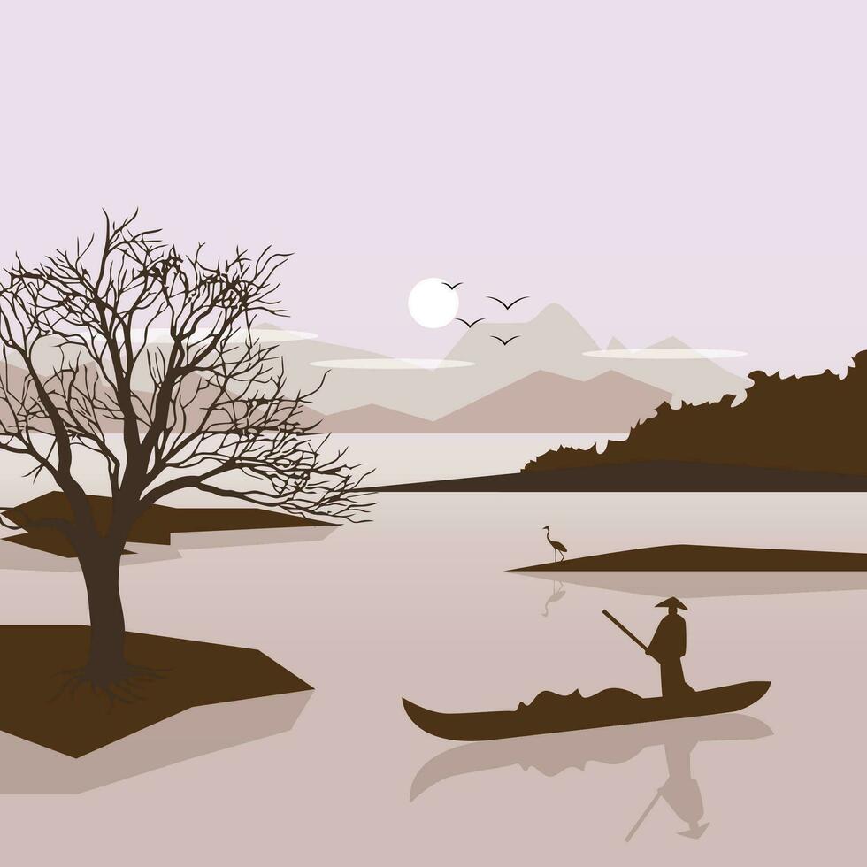 Sunset Tree Mountain with Sea and Boat  Vector Illustration Background