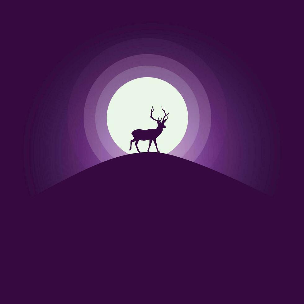 Cute Deer and Moon Silhouette Landscape Vector Background