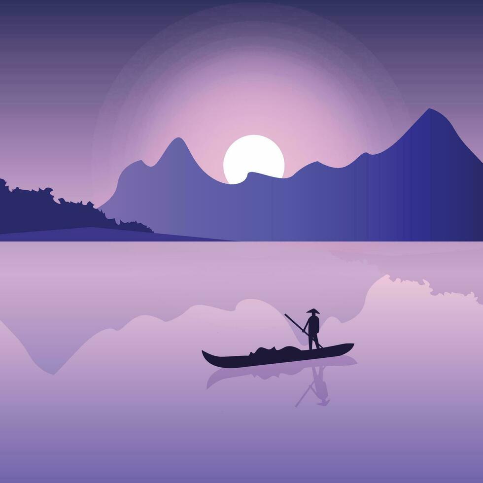 Sunset Tree Mountain with Sea and Boat  Vector Illustration Background