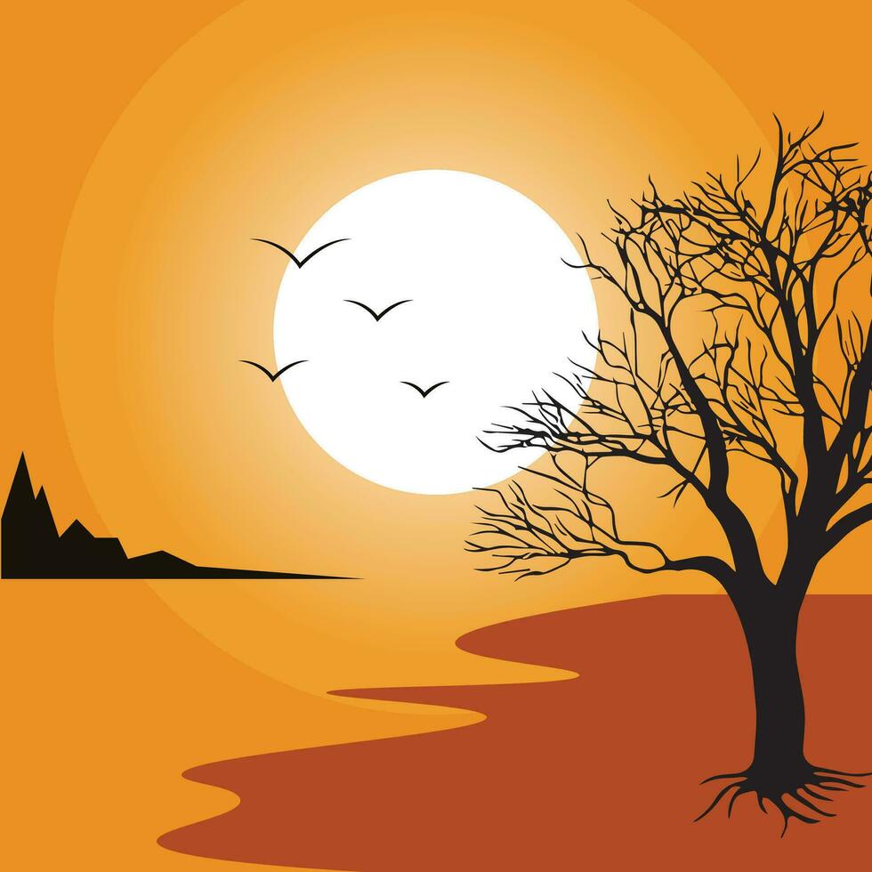 A River Sunrise Landscape Illustration with A Beautiful Tree vector