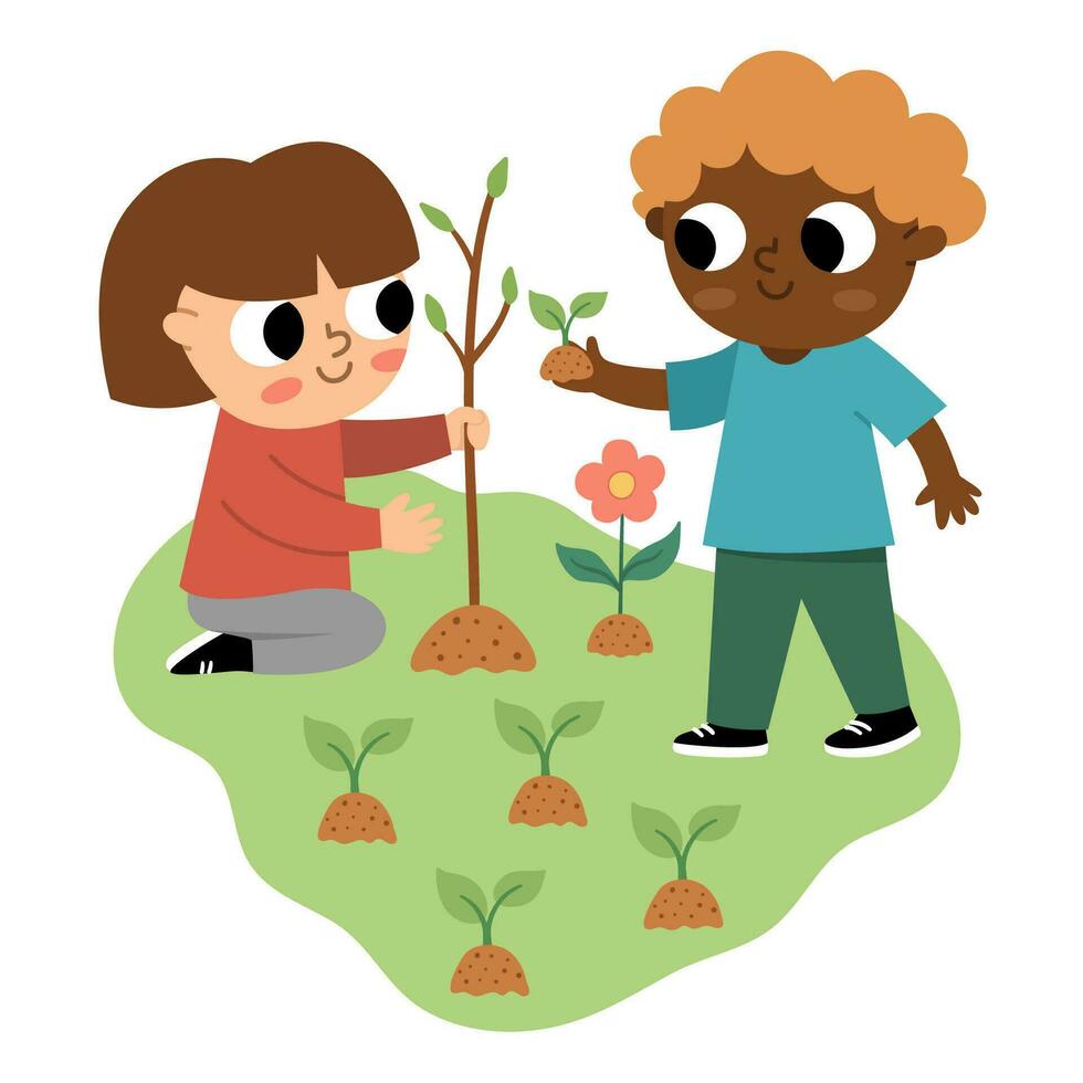 Girl and boy seeding plant icon. Cute eco friendly kids. Children planting a tree. Earth day or healthy lifestyle concept. Funny gardeners decorating garden or park vector