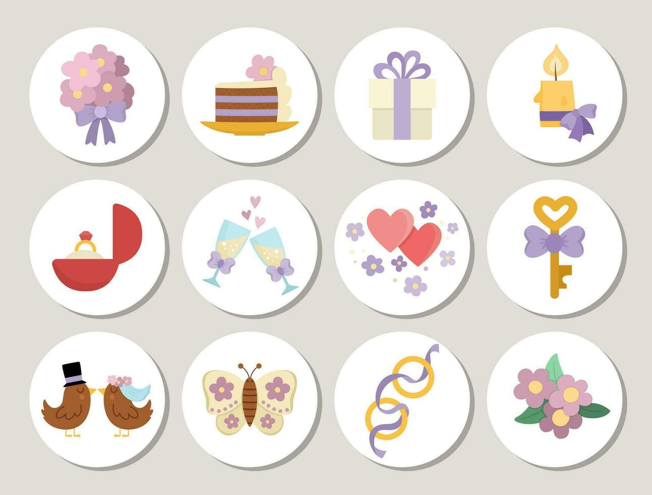 Cute wedding round cards set with just married couple, bride, groom, bridesmaids, cake. Vector marriage ceremony highlight icons. Matrimonial design for tags, ads, social media