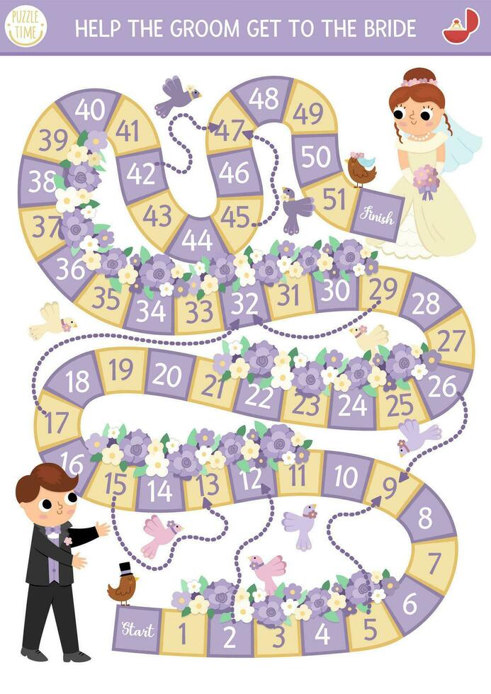 Wedding dice board game for children with cute just married couple, bridegroom, rings. Marriage ceremony boardgame.  Matrimonial printable activity. Help the groom get to the bride vector