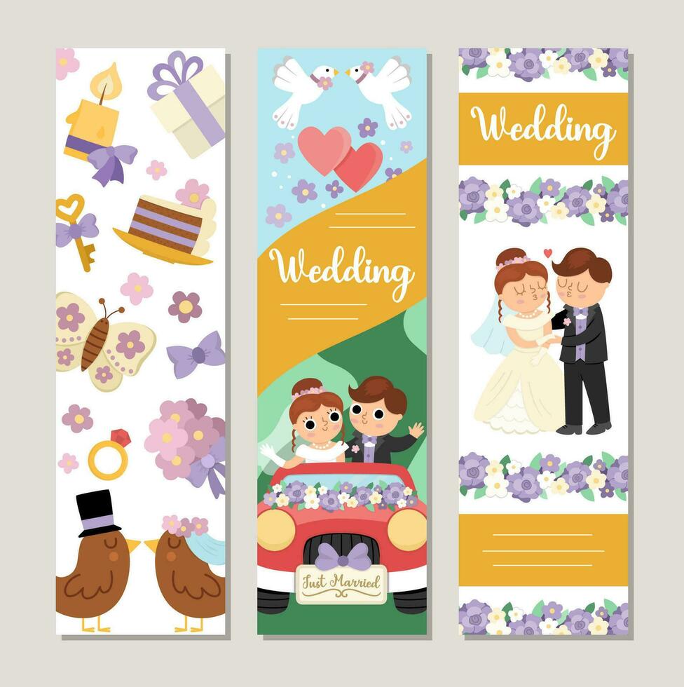 Cute wedding vertical cards set with just married couple, bride, groom, bridesmaids, cake. Vector marriage ceremony vertical print templates. Matrimonial bookmark design for tags, postcards