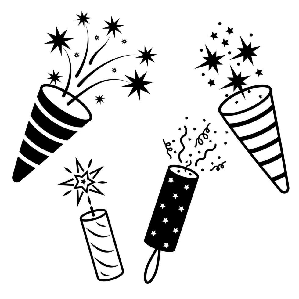 Festive fireworks in doodle style, isolated vector illustration