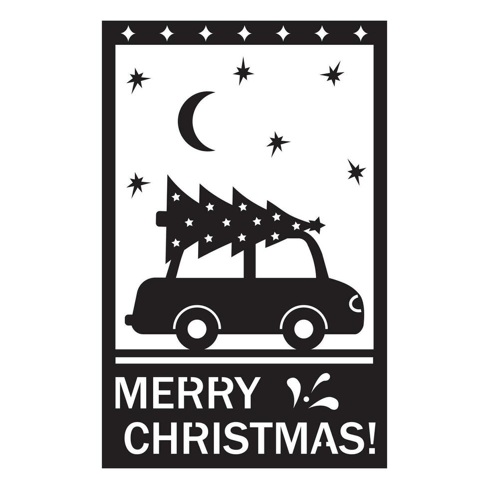 Christmas tree by car, Isolated vector illustration, Postcard Stencil, Laser cutting