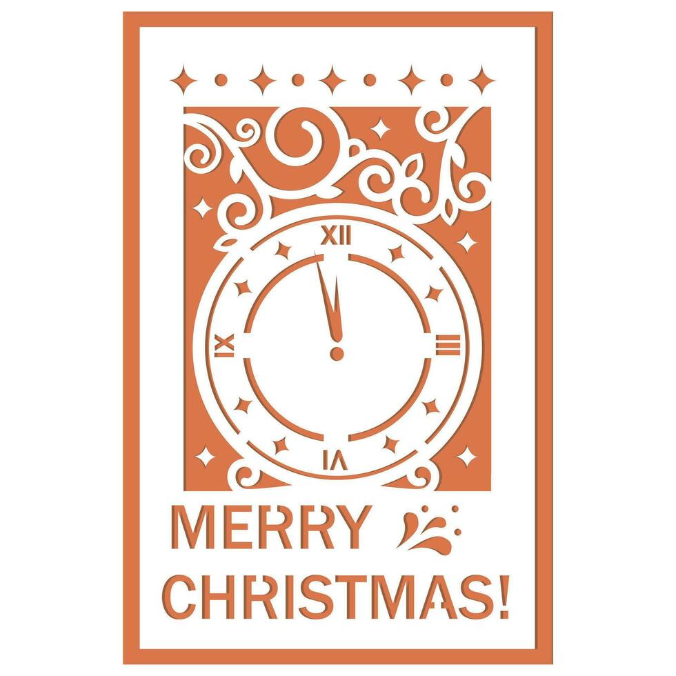 Navidad tarjeta modelo con reloj, corte de papel estilo, archivo corte vector