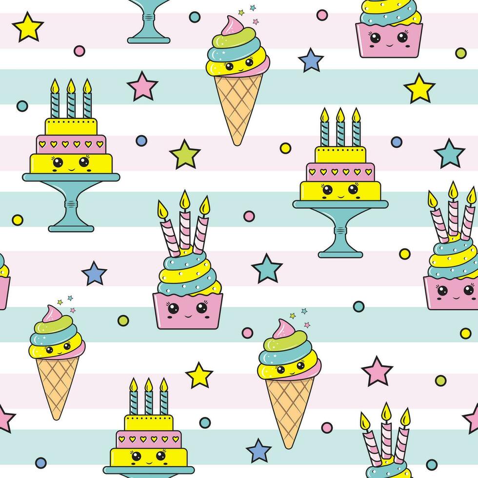Vector graphic of the various sweets and desserts decorated into seamless pattern.