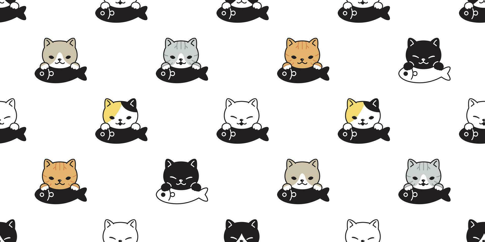 cat seamless pattern kitten vector calico breed fish cartoon scarf isolated repeat wallpaper tile background doodle illustration design