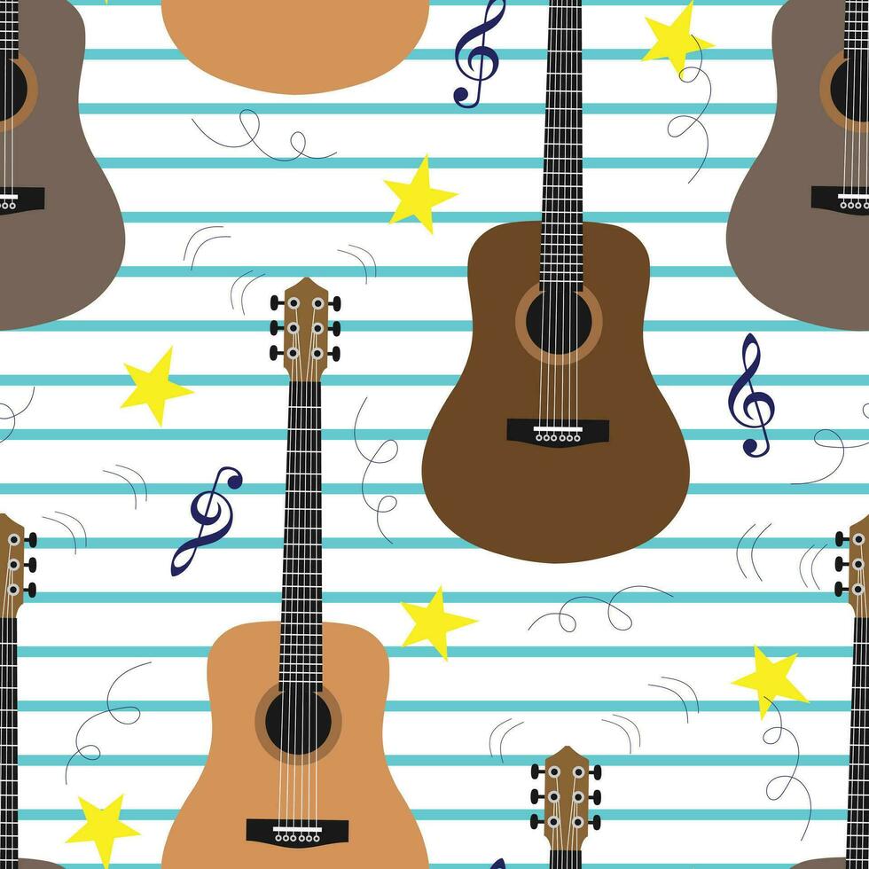 Vector seamless pattern with guitars and stars. Musical background with guitars