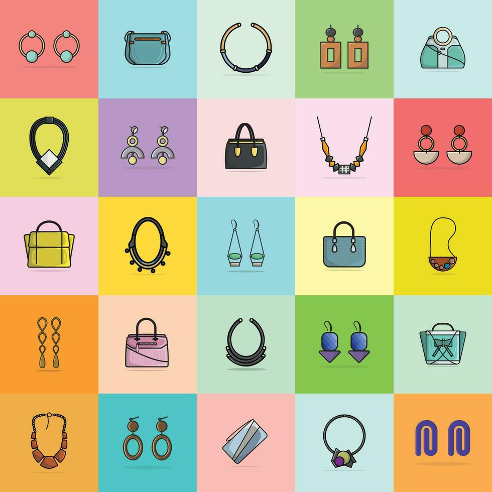 Collection Of 25 Women Trendy Colorful Earrings, Handbags and Neck Necklaces vector illustration. Beauty fashion objects icon concept. Set of women fashion jewelry accessories vector design.