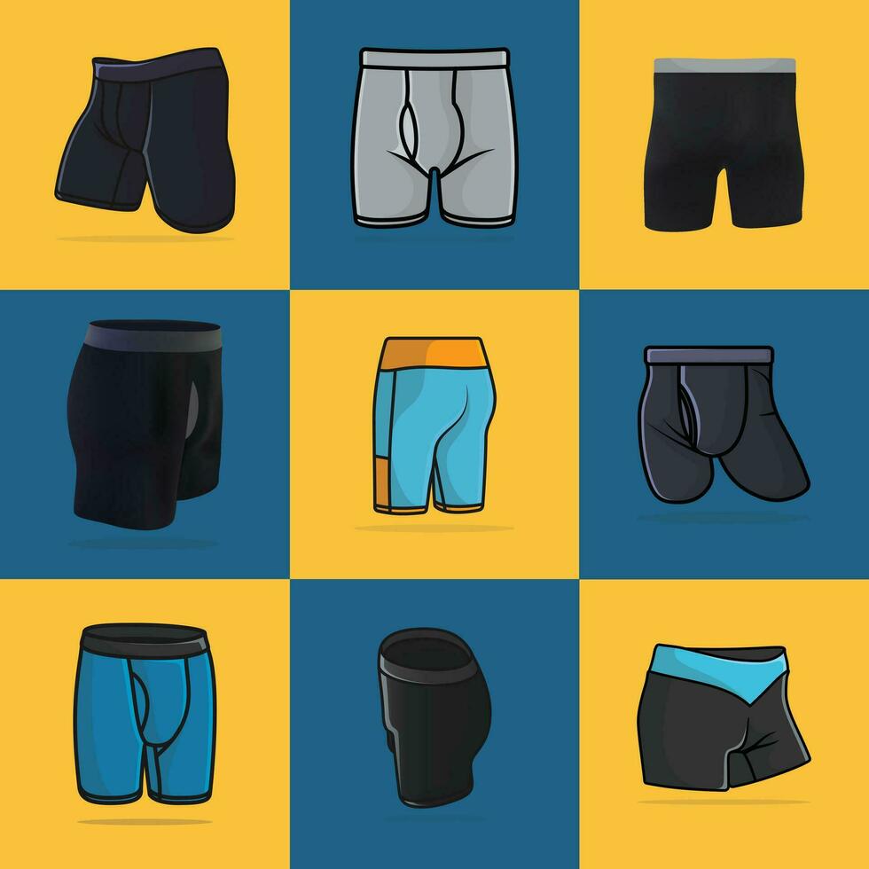 Collection Of 9 Boys Sports Comfortable Underwear Shorts vector illustration. Sports and fashion objects icon concept.