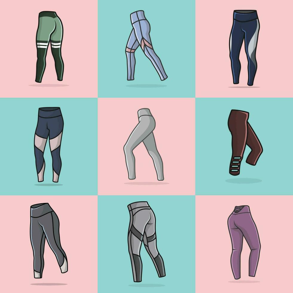 Collection Of 9 Men Sports Training Leg Slim Pant or Trouser vector illustration. Sports and fashion objects icon concept. Sports comfortable trouser pant vector design with shadow.