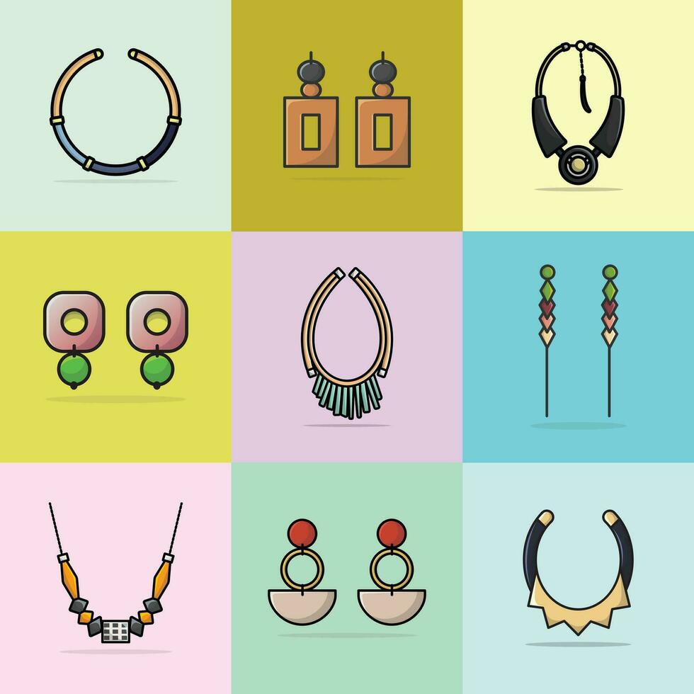 Collection of 9 Modern Designer Neck Necklaces and Colorful Earrings vector illustration. Beauty fashion objects icon concept. Set of women fashion design accessories vector design.