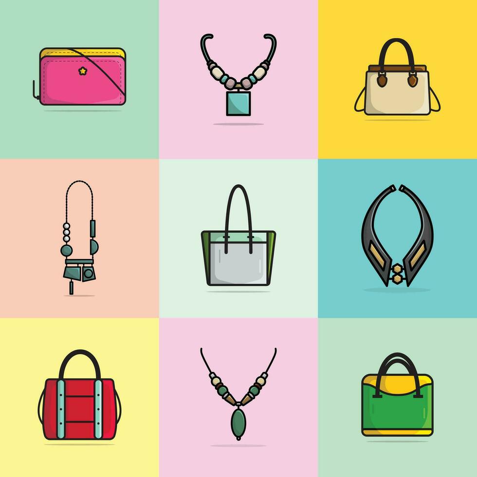 colección de 9 9 mujer Moda embrague cuero carteras y de moda vistoso collares vector ilustración. belleza Moda objeto icono concepto. conjunto de mujer Moda joyería accesorios vector diseño.