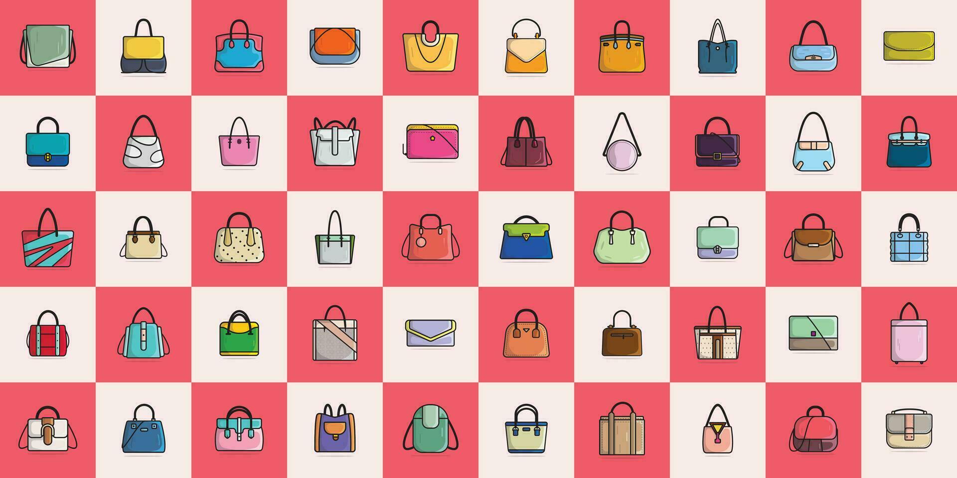 colección de 50 lustroso brillante vistoso mujer carteras vector ilustración. belleza Moda objetos icono concepto. conjunto de de moda mujer carteras diseño para Moda vector logo diseño.