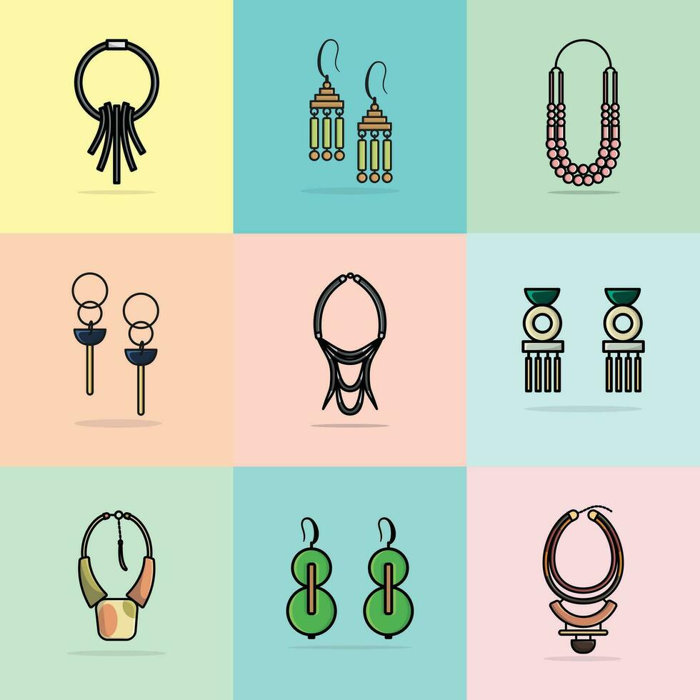 Collection of 9 Modern Designer Ladies Necklaces and Colorful Earrings vector illustration. Beauty fashion objects icon concept. Set of women fashion design jewelry accessories vector design.