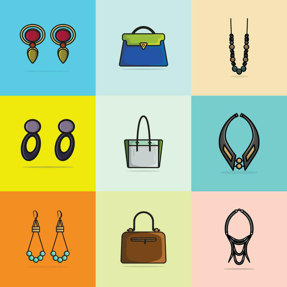 Set Of 9 Beautiful Fashion Earrings, Purses and Necklaces design vector illustration. Beauty fashion objects icon concept. Set of women fashion jewelry accessories vector design.