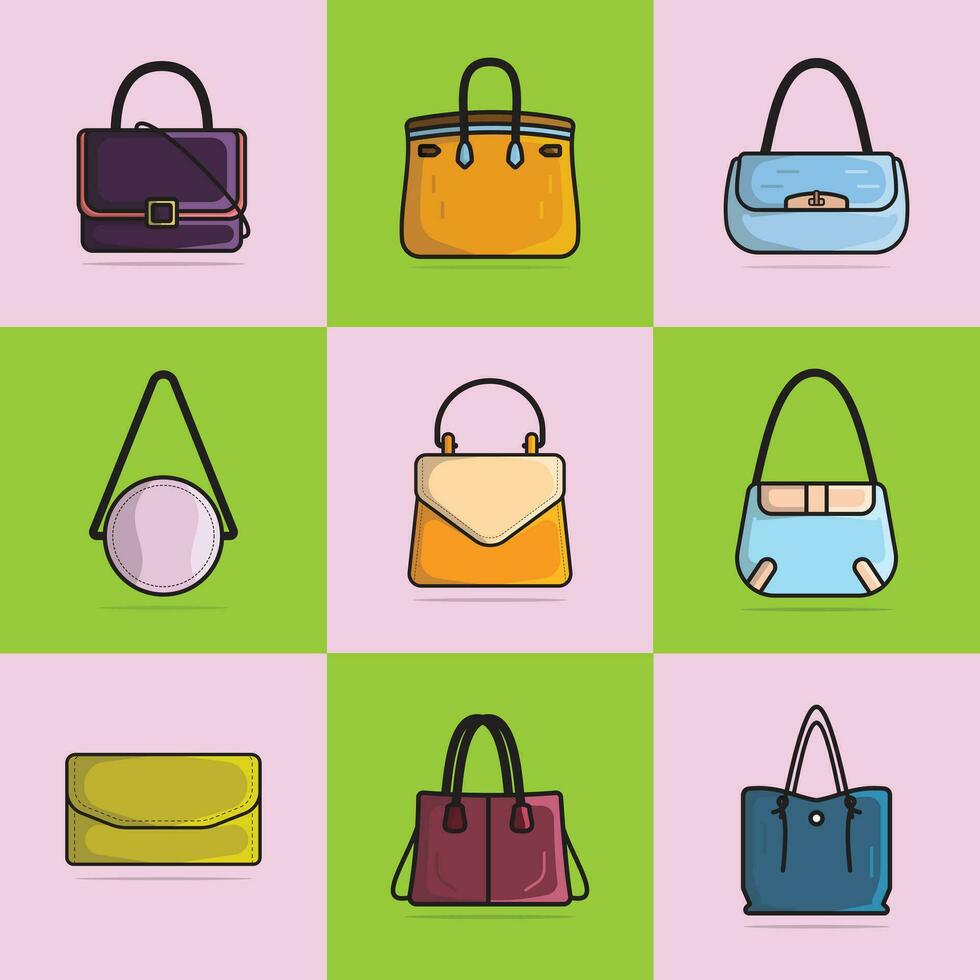 Collection of 9 Girls Fashion Party Purses vector illustration. Beauty fashion objects icon concept. Set of elegant ladies bright leather bag vector design on colorful background.