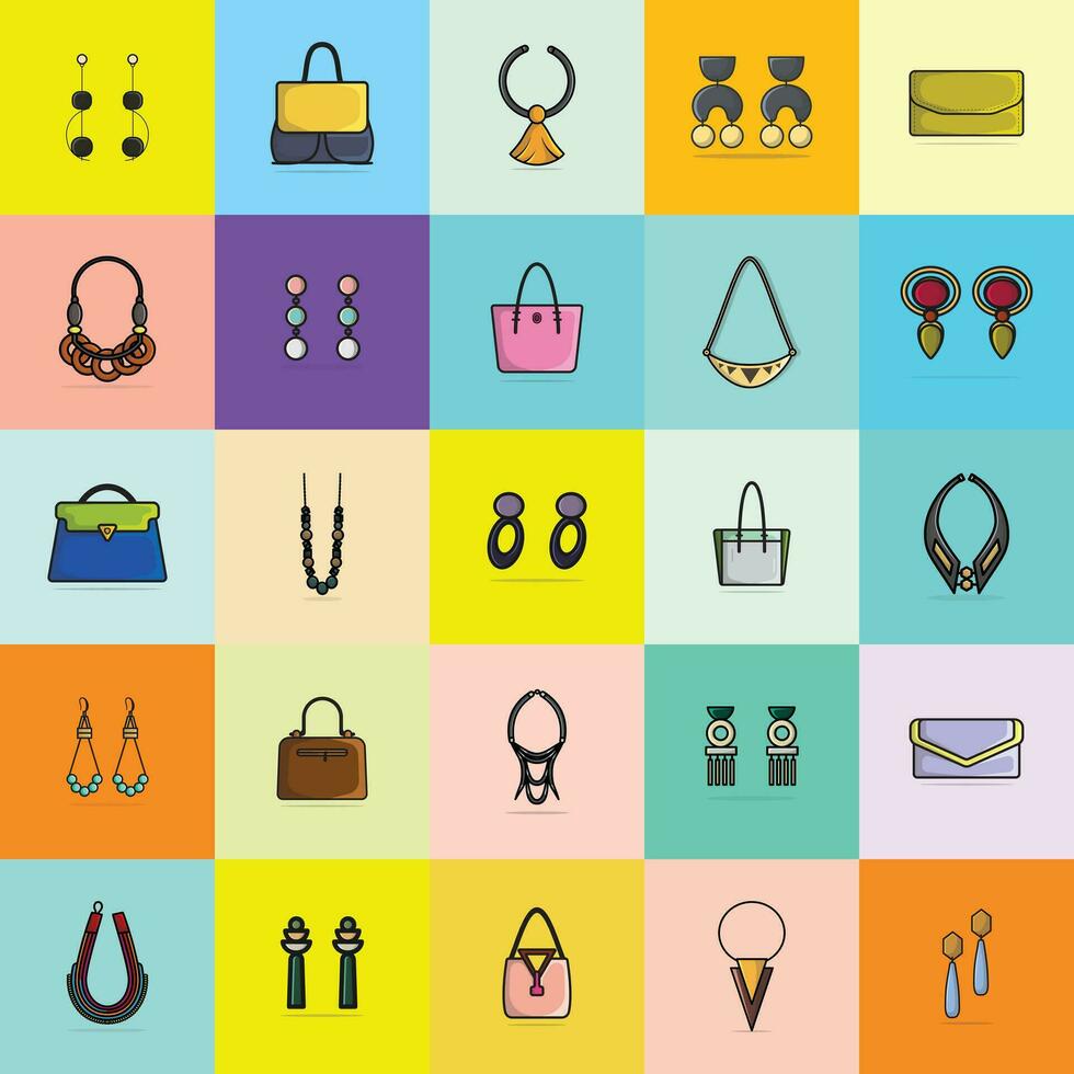 colección de 25 elegante señoras pendientes, bolsos y cuello collares vector ilustración. belleza Moda objetos icono concepto. conjunto de mujer Moda joyería accesorios vector diseño.