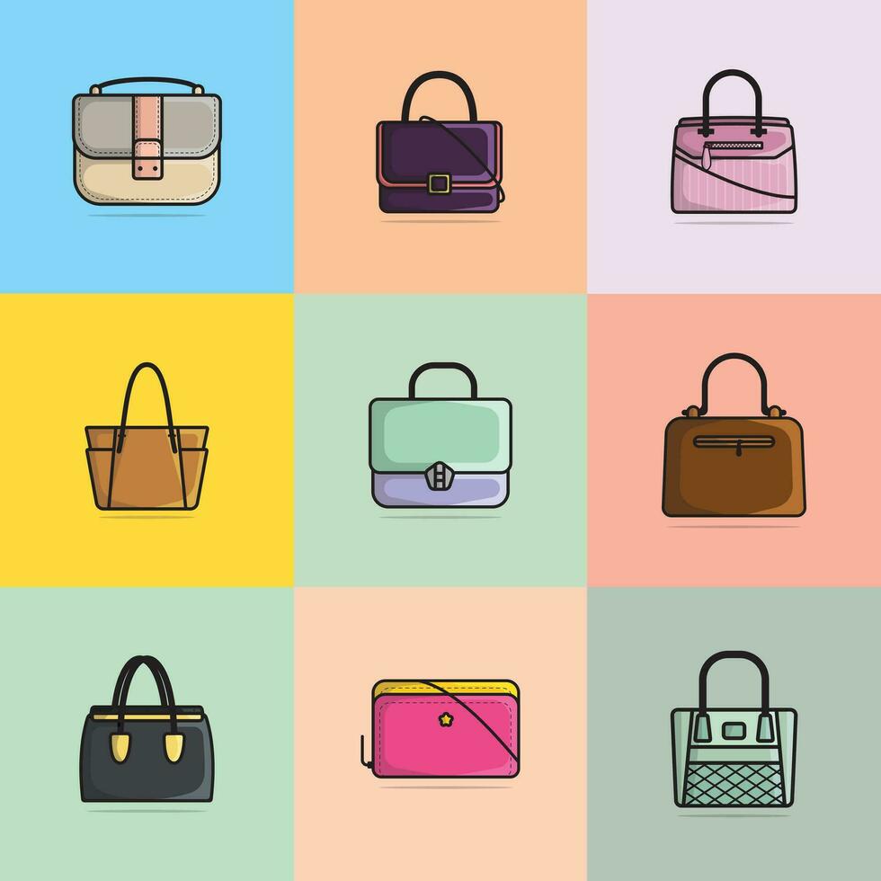 Collection of 9 Women Evening Party bags or purses vector illustration. Beauty fashion objects icon concept. Set of girls fashion purses vector design isolated on colorful background.