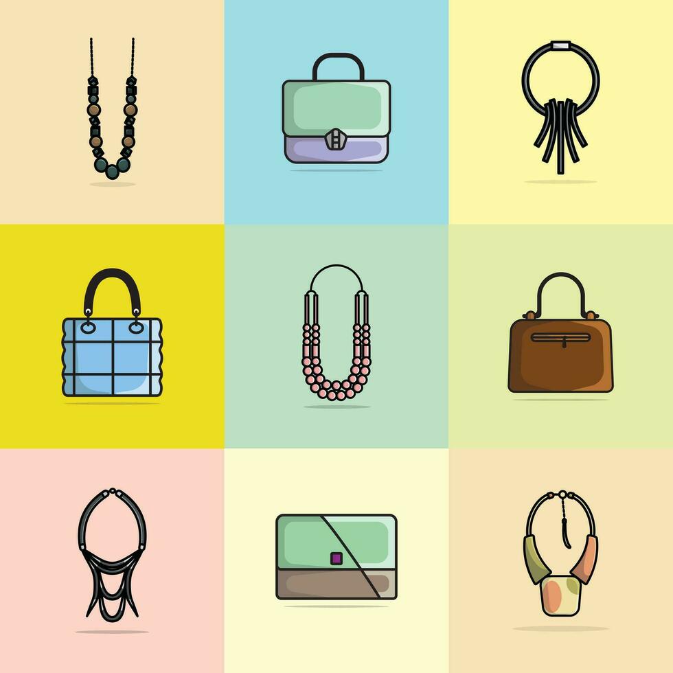 Collection Of 9 Event Neck Necklaces and Stylish Ladies Handbags vector illustration. Beauty fashion objects icon concept. Set of trendy women fashion jewelry accessories vector design.