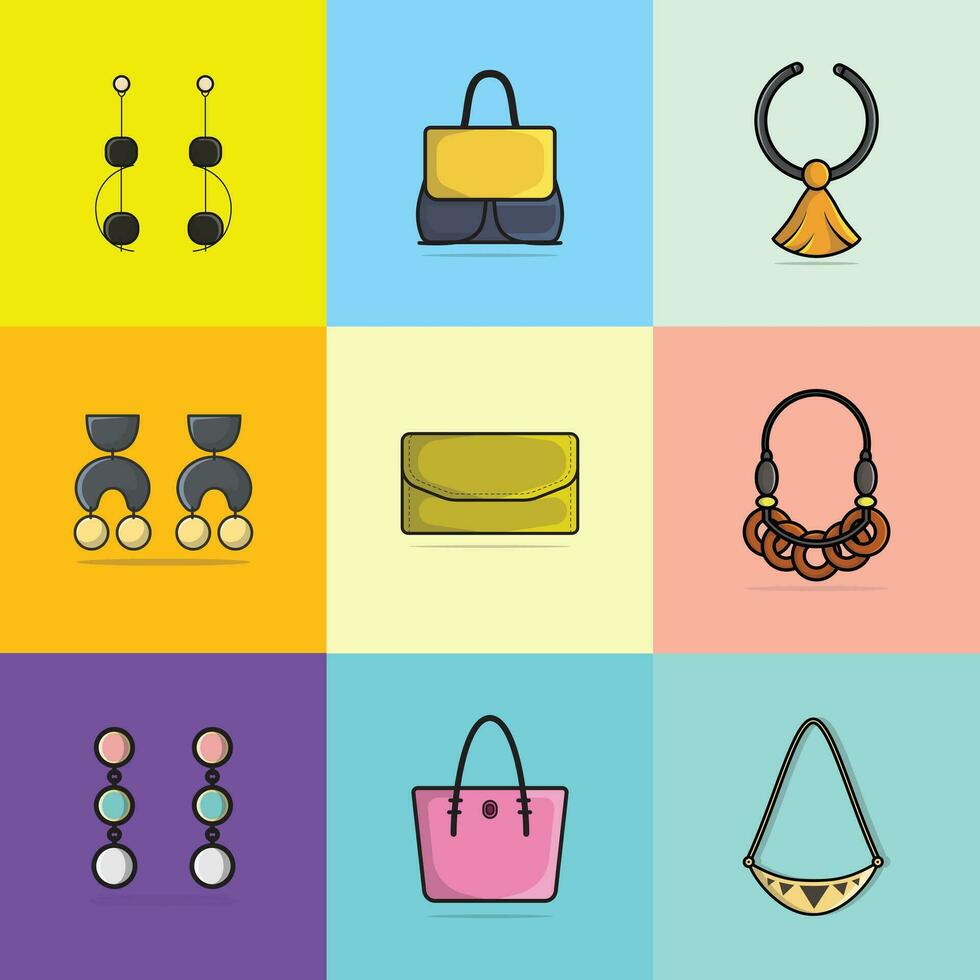 colección de 9 9 mujer Moda pendientes, carteras y cuello collares vector ilustración. belleza Moda objetos icono concepto. conjunto de de moda mujer Moda joyería accesorios vector diseño.