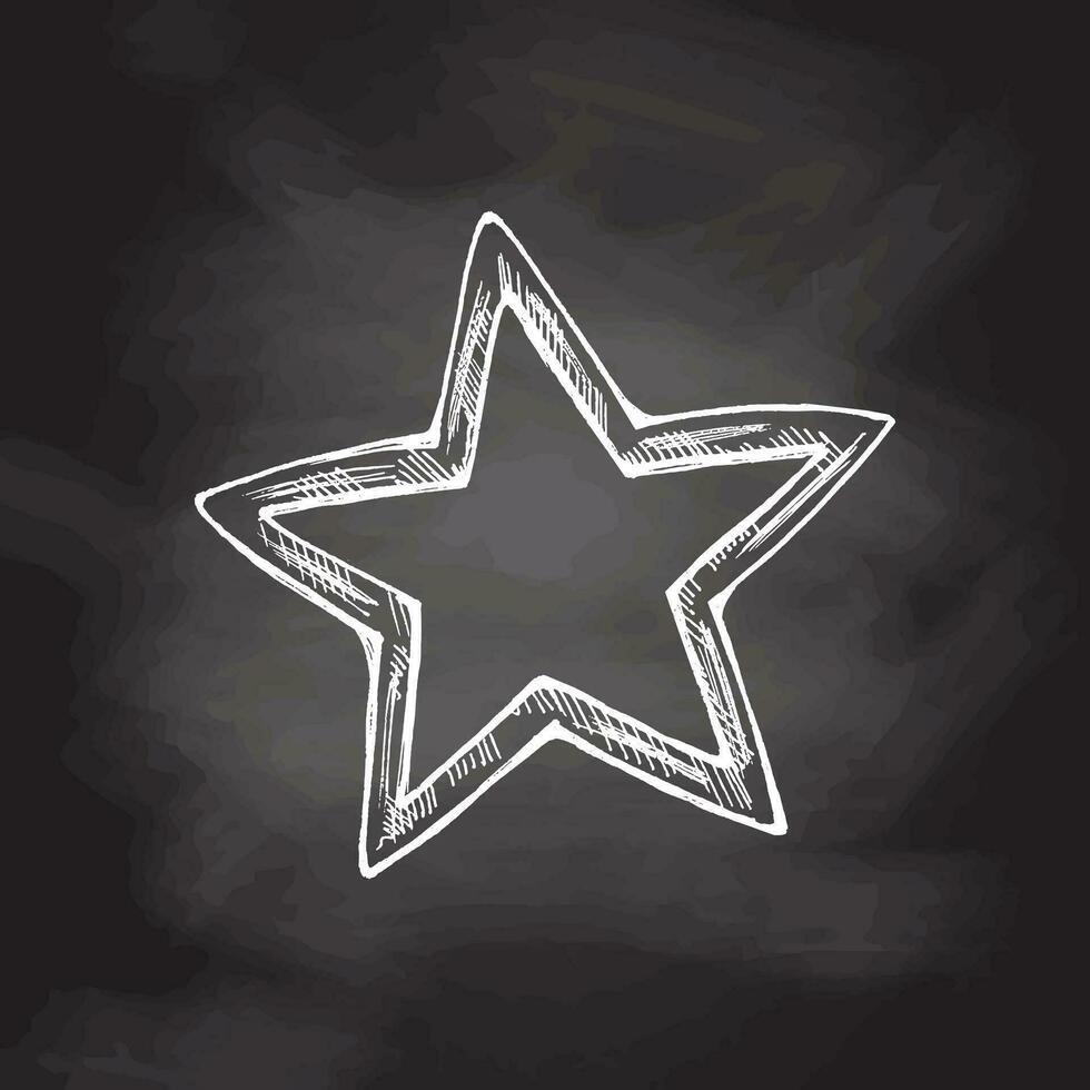 Hand-drawn sketch of decorative Christmas star isolated on chalkboard, close up of decoration for christmas. Vector vintage drawing. Cozy Christmas. Object for christmas card, packaging.