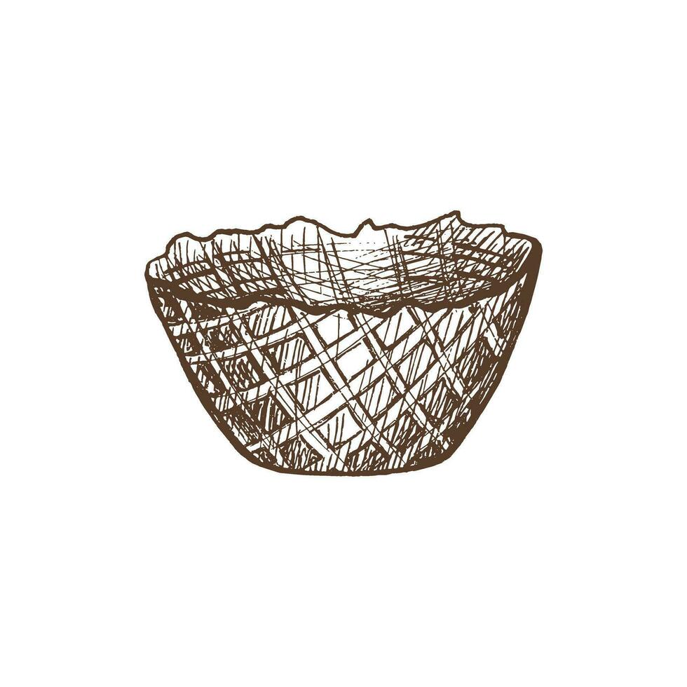 Hand-drawn sketch of waffle cup, basket  for ice cream. Element for labels, packaging and postcards. Sweet food. vector