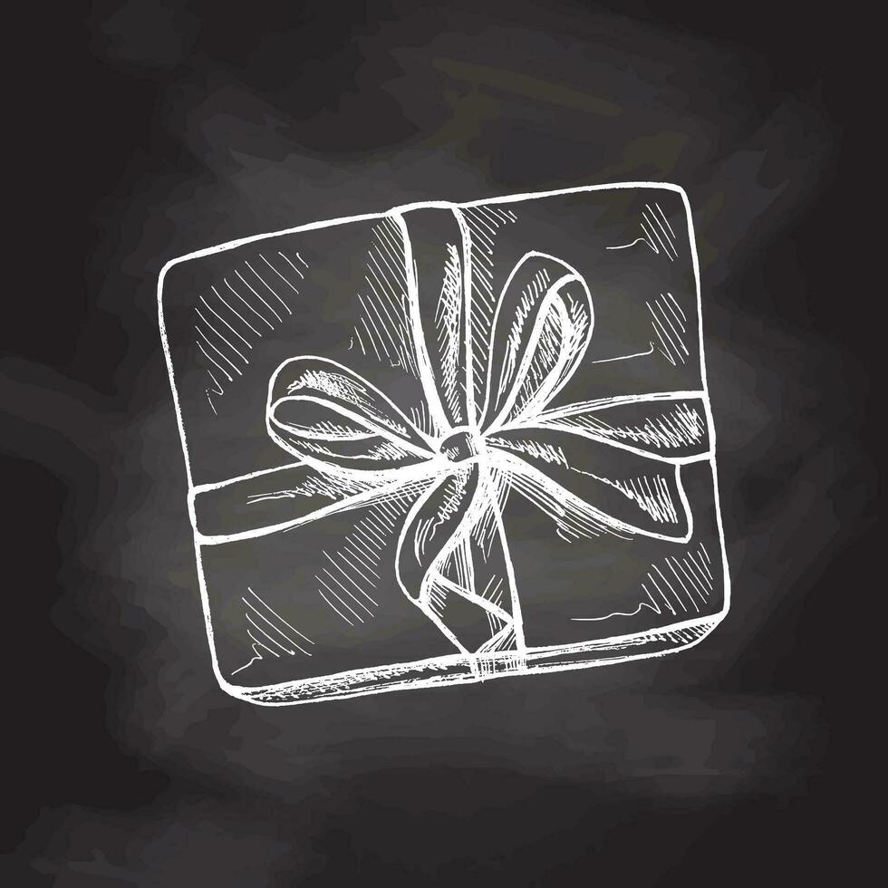 Hand-drawn sketch of gift packaging decorated with ribbon isolated on chalkboard, close up of decoration. Vector vintage drawing. Object for christmas, birthday card, packaging.