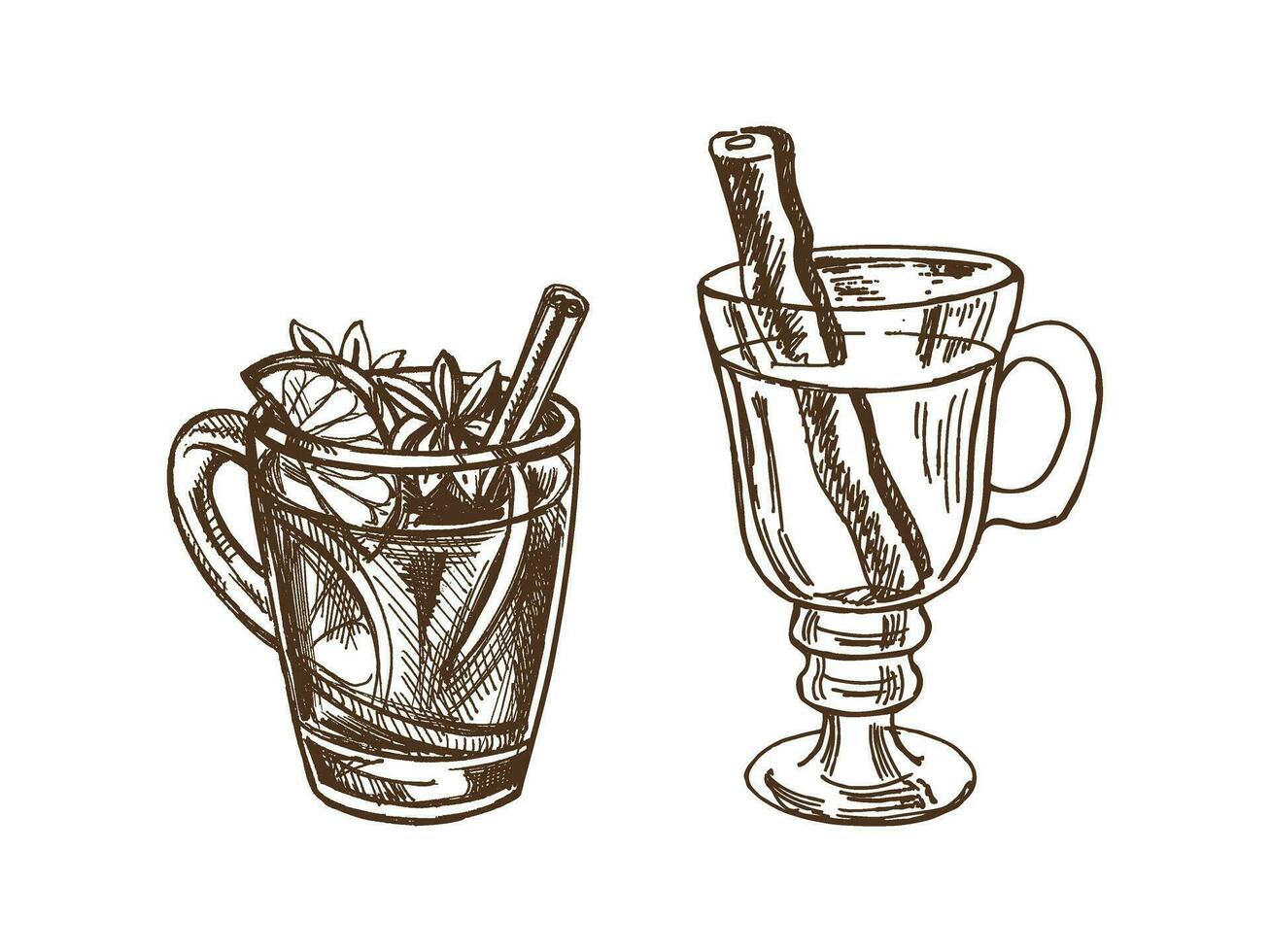 Hand-drawn sketch set of mugs with mulled wine. Vector food drawing. A warming drink. Traditional Christmas drink. Vintage cozy seasonal holidays. Good for menu.