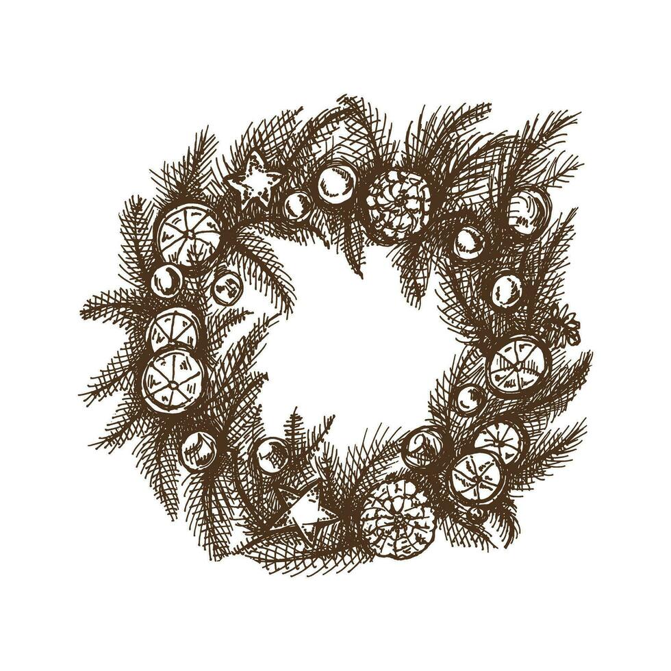 Hand-drawn sketch of Christmas wreath isolated on white, close up of decoration for christmas. Vector vintage drawing. Traditional Cozy Christmas. Object for christmas card, packaging.