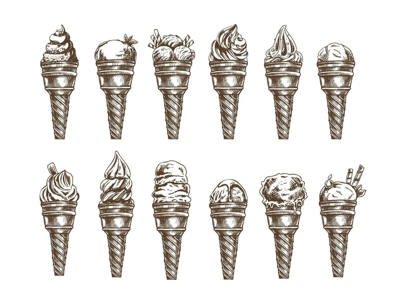 Hand-drawn sketch set of ice cream with different flavors in waffle cones. Element for labels, packaging and postcards. Sweet food. vector
