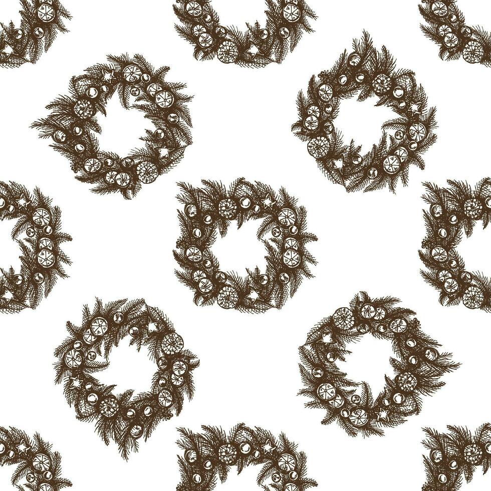 Seamless pattern of hand-drawn Christmas wreath isolated on white, decoration for christmas. Vector vintage drawing in sketch style. Traditional Cozy Christmas. Object for christmas card, packaging.