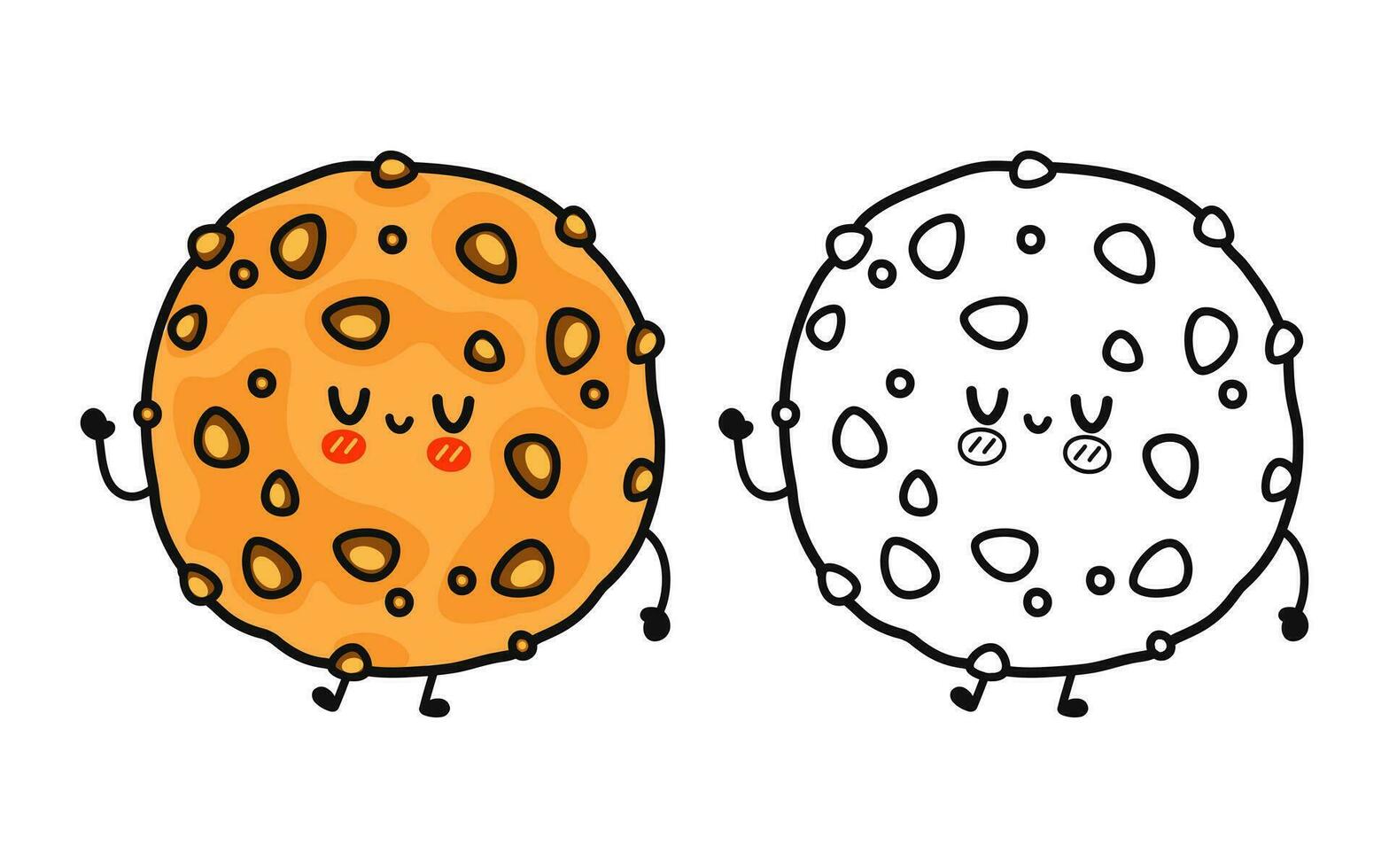 Funny cute happy Oatmeal cookies characters bundle set. Vector hand drawn cartoon kawaii character illustration icon. Cute Oatmeal cookies. Outline cartoon illustration for coloring book