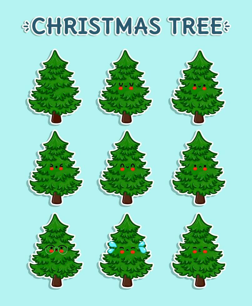 Christmas tree sticker pack characters bundle set. Vector hand drawn doodle style cartoon character. Isolated on blue background. Christmas tree character collection