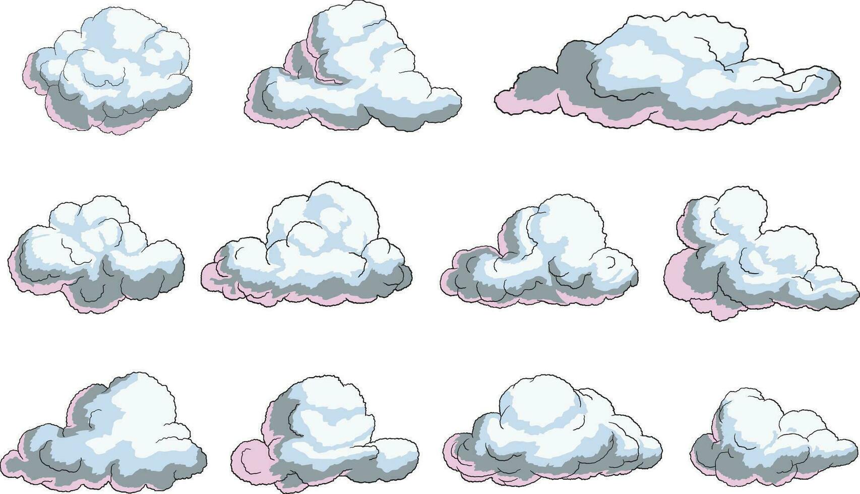 Hand drawn unique clouds set style cartoon Illustration on blue background vector