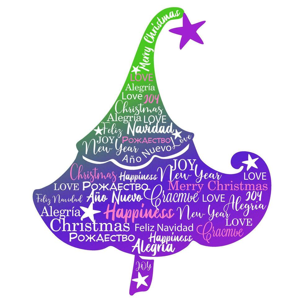 silueta de Navidad árbol con deseos. saludo caligrafía tarjeta. vector nuevo año ilustración para camisetas, tazas, tarjetas, bolsas, etc.