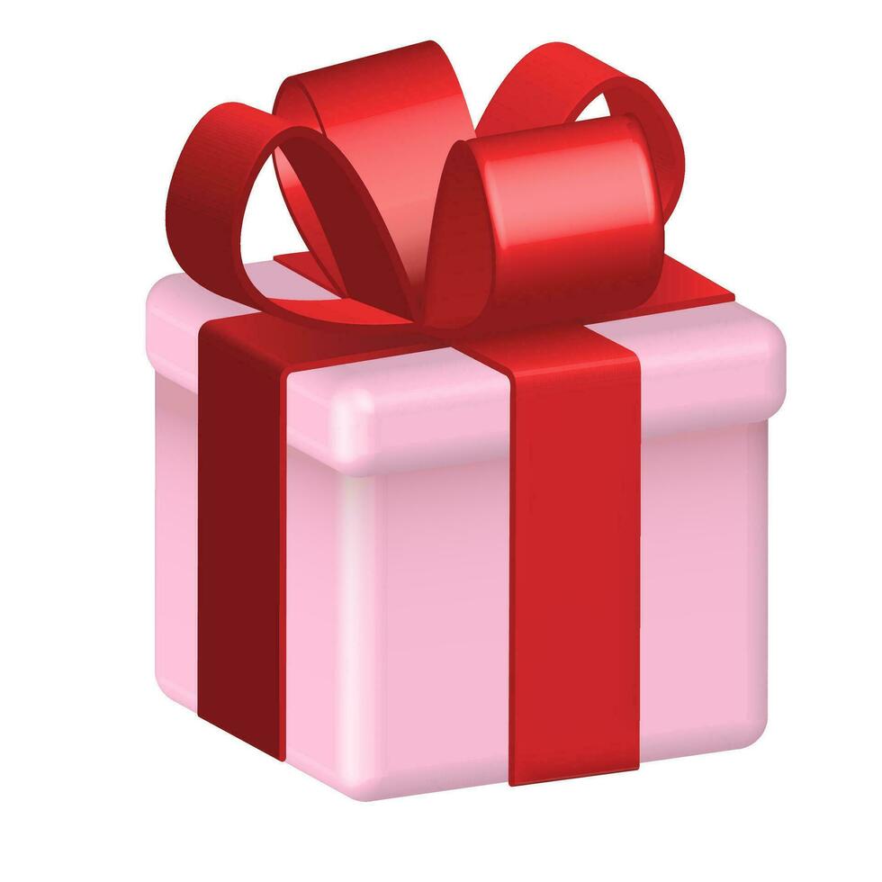 3d rosado cerrado regalo caja con rojo cinta arco aislado en blanco antecedentes. realista vector icono de un fiesta sorpresa caja para cumpleaños o Boda pancartas